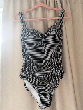 Women's Black & White Striped One-Piece Swimsuit with Ruched Sides